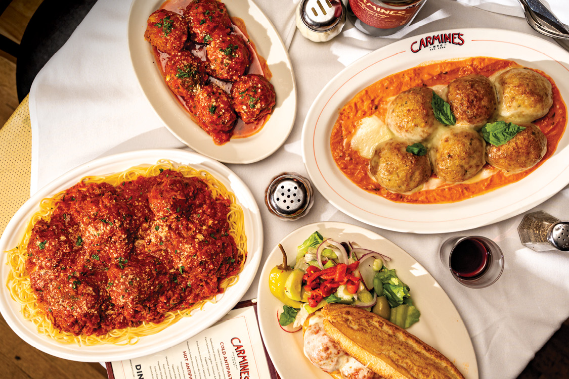March Meatball Madness at Carmine's with Chicken Parm Meatballs, a Chicken Parm Meatball Hero sandwich, Spaghetti & Meatballs, and a side of Meatballs. 